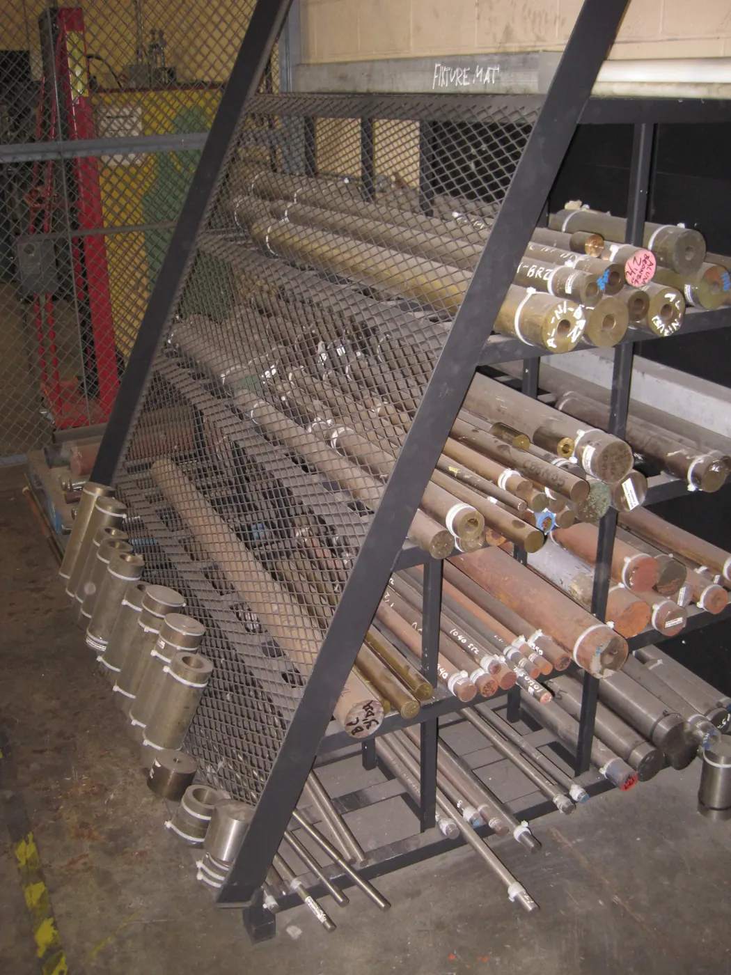 Steel bar stock on a storage rack