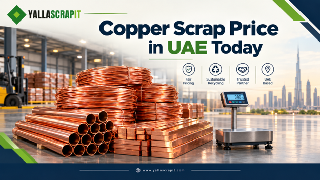 Copper wire, pipes, and busbars on a weighing scale for copper scrap price in the UAE