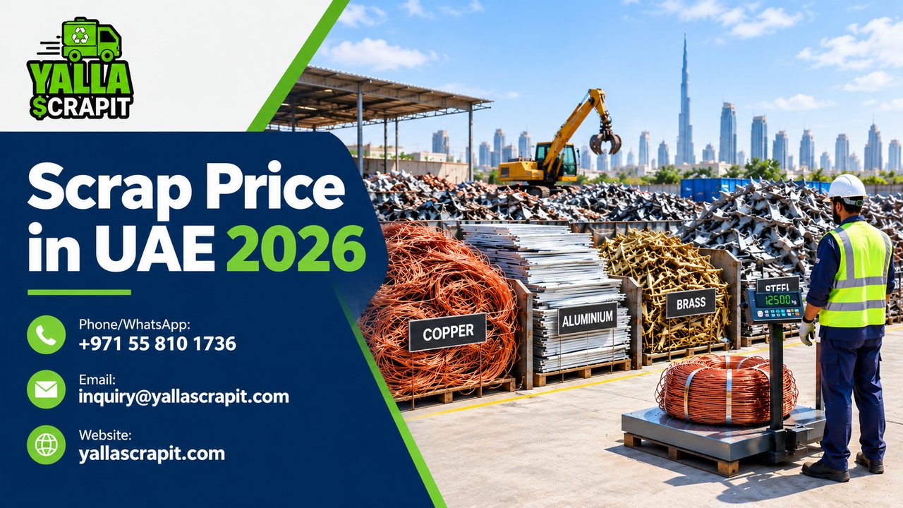 Scrap Price in UAE 2026 Sorted copper, aluminum, and steel scrap metal piles at a scrap yard in Sharjah, UAE